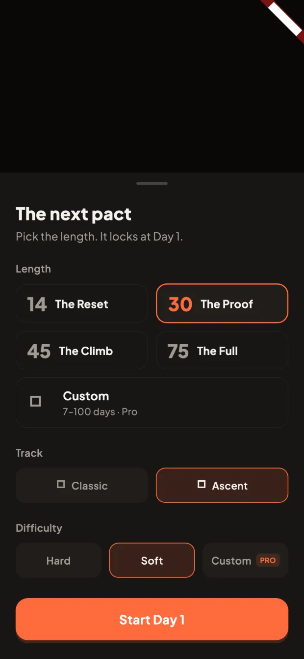The 75 Day ‘next pact’ picker: choose a length of 14, 30, 45 or 75 days, a Classic or Ascent track, and Hard, Soft or Custom difficulty, then Start Day 1.