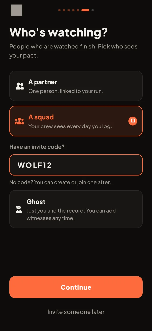 75 Day ‘Who's watching?’ screen: choose a partner, a squad entered with an invite code, or Ghost mode where it's just you and the record.